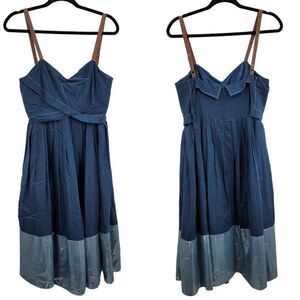 Anthropologie Bian Peasant Midi Dress L Blue Silk Embroidered Sleeveless Pleated